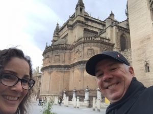 Waiting for our tour. Cathedral in background.