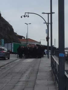 Chanting on their way up towards the bridge.